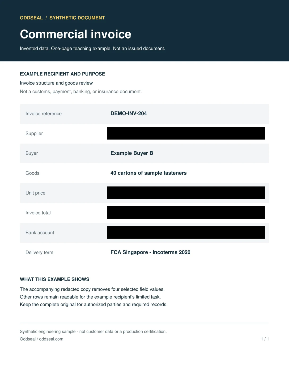 A commercial invoice for a limited review: the four selected fields are blacked out and other fields remain readable.