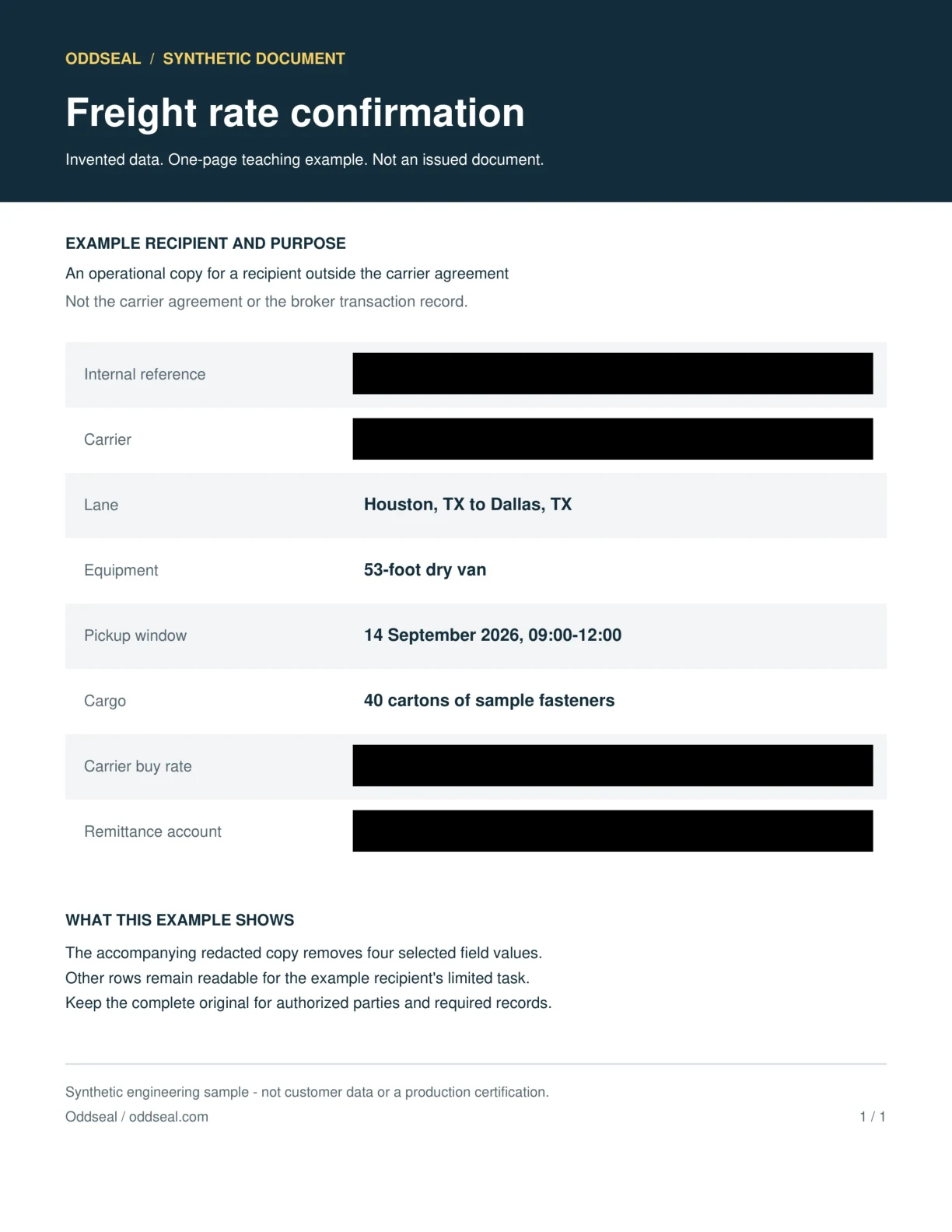 A rate confirmation for a service example: the four selected fields are blacked out and other fields remain readable.
