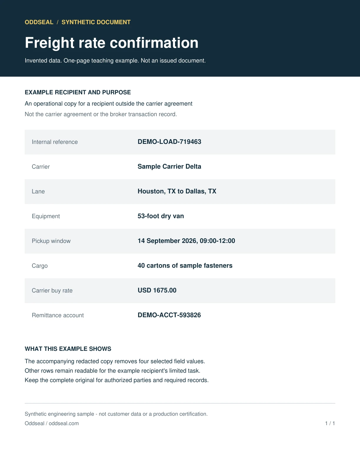 A rate confirmation for a service example: the four selected fields are still visible.